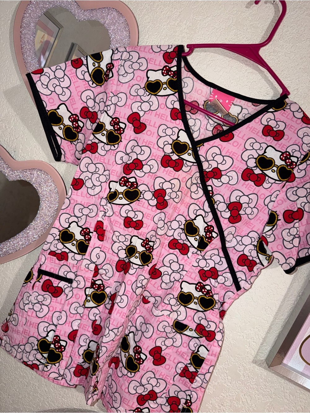 Hello Kitty Pink Short Sleeve V-Neck Scrub Top with Sunglasses Graphic - Picture 2 of 4